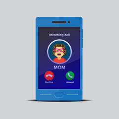 Mom incoming call on smartphone isolated on background vector flat design.