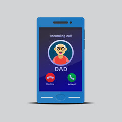 Dad incoming call on smartphone isolated on background vector flat design.