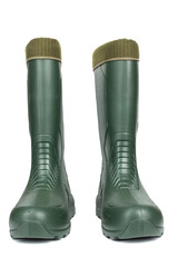 Green rubber boots with a warm toe on a white background.