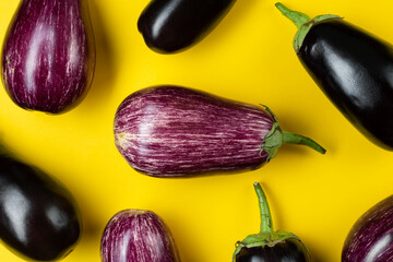 Purple and black eggplants on a yellow background. Fresh vegetables.