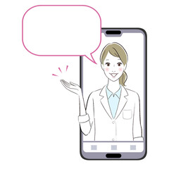 A doctor woman talking about something on the smartphone monitor