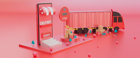 Online delivery smartphone,E-commerce service concept,online order shopping,technology gps pin tracking logistic shipping on mobile,fast transport truck to customer,3d render illustration web banner