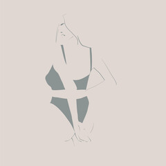 Young woman, model in underwear. Slim female body. Drawing in minimalistic style. Vector