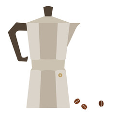 Geyser coffee maker and coffee beans on a white background.