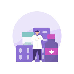a concept of a nurse, pharmacist or clinic employee, doctor, drug maker. illustration of men and drugs. flat style. vector design