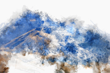 Fototapeta na wymiar Abstract colorful Fuji mountain range in Japan on watercolor illustration painting background.