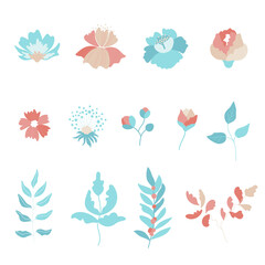 Fototapeta na wymiar Hello spring. Set of cute hand-drawn Spring flowers. Many bright and beautiful flowers. Cute floral seamless pattern. Vector background with flowers and leaves.