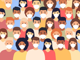 Group of multicultural men and women wearing medical masks. Coronavirus pandemic. Pandemic concept. Crowd people in protective face mask. Vector illustration in a flat style.