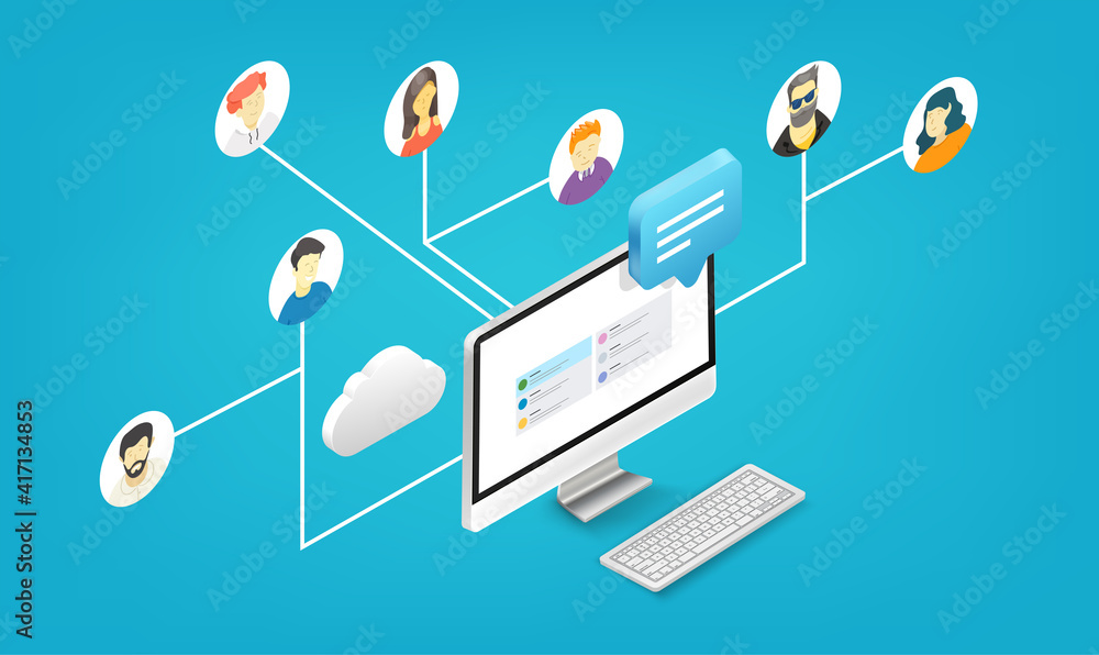 Aufkleber people working together remotely via application. isometric vector illustration isolated on white ba