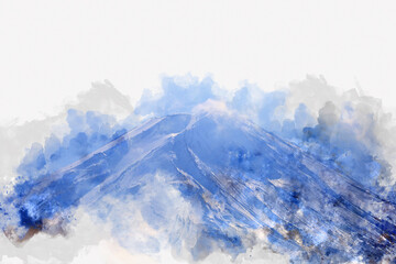 Abstract colorful Fuji mountain range in Japan on watercolor illustration painting background.