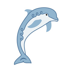 Cute cartoon stylized blue dolphin with curls. Hand-drawn vector. Marine mammals, ocean underwater world, aquarium animals. A symbol of kindness. For children illustrations, printing on fabric, web.