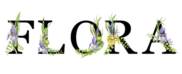 Flora spring alphabet. Flower letters. Capital elegant letters. Flora sign element with spring garden flower branch bouquets composition. On white background.