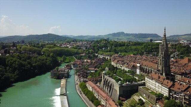 sunny day bern cityscape riverside waterfront aerial panorama 4k switzerland