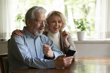 Surprised excited OAP family couple getting amazing good news from video call. Happy middle aged pensioners using mobile phone together at home, talking to relations, looking at screen and gasping