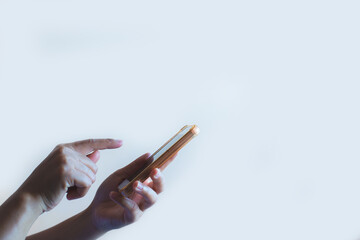 close up of business woman hand using smart phone touch on screen and typing for some searching internet information technology data.