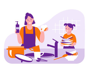 The family is cleaning the kitchen. Mother and daughter washes the dishes. The concept of housekeeping, helping parents. Vector illustration in flat style.