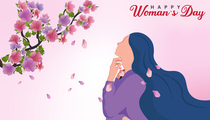 Beautiful lady with spring flowers, cherry blossom, on pink background. Mother's Day, March 8th.