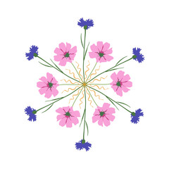 A kaleidoscope of wildflowers, a circular full-color ornament. Symmetrical wreath, cornflower and cosmos flower mandala. Hand-drawn vector. Spring and summer composition. For illustrations, printing.