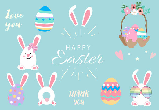Collection of easter object set with rabbit,egg,flower.Editable vector illustration for website, invitation,postcard and sticker