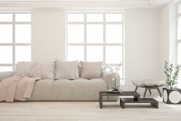 White living room with sofa. Scandinavian interior design. 3D illustration