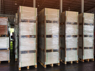 Worker sorting shipment cartons box on pallets and wooden case on hand lift in interior warehouse cargo for export and sorting goods in freight logistics transportation industrial, delivery service