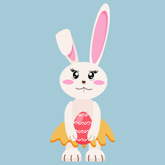 Cute baby bunny, rabbit with colorful egg vector illustration. 