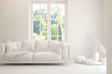 Mock up of stylish room in white color with sofa and green landscape in window. Scandinavian interior design. 3D illustration