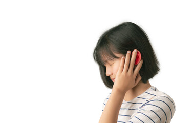girl grabs her hand on her ear because of  pain.