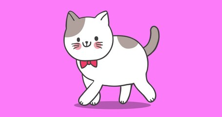 Cartoon cute white and gray cat  walking animation.