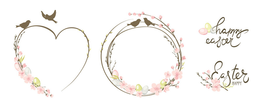 Frames for Easter holidays. Willow, Cherry blossom and eggs. Set vector design elements on the theme of flowering and spring.	