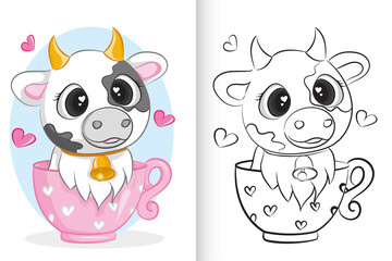 Cute cow in pink cup. coloring book for preschool children.