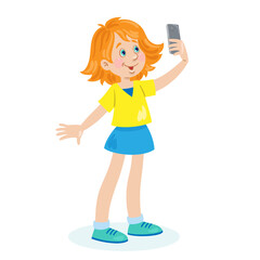 Cute little girl takes a selfie. In cartoon style. Isolated on white background. Vector flat illustration