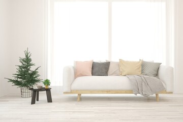 Fototapeta premium White living room with sofa. Scandinavian interior design. 3D illustration