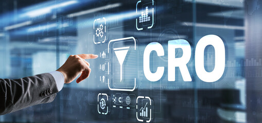 Conversion Rate Optimization. CRO Technology Finance concept Businessman pressing on a virtual 3D screen