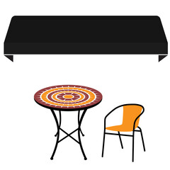 Awning, table and chair
