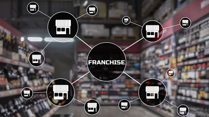 Franchise lettering on blurred warehouse background. Marketing system