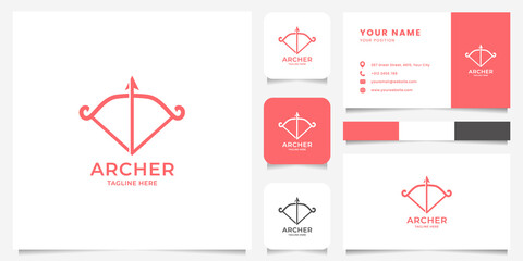 Simple and minimalist bow and arrow logo with icon, color palette, and business card
