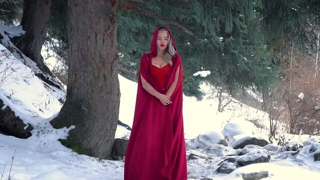 a girl in a red cloak walks through the woods