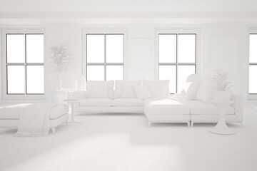 Fototapeta premium modern white room with sofa,carpet,pillows,plaid and plants interior design. 3D illustration