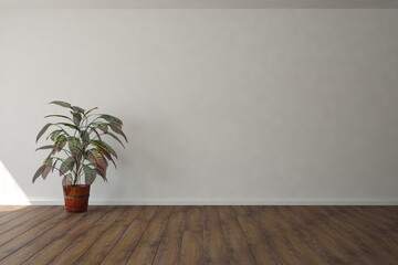 modern empty room with plant in wood pot interior design. 3D illustration