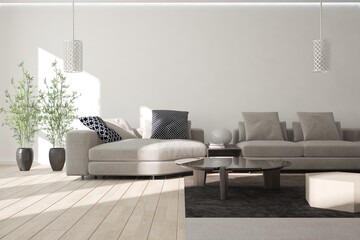 modern room with sofa,pillows,lamp,table,plants interior design. 3D illustration