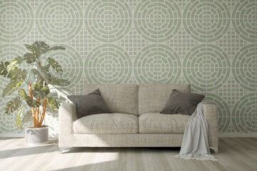 modern room with sofa,pillows,plaid and plant in pot interior design. 3D illustration