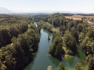 Aerial view of the hydroelectric power station Kraftwerk Siedebrunn at the Traunfall in Austria