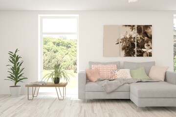 Minimalist living room in white color with sofa and summer landscape in window. Scandinavian interior design. 3D illustration