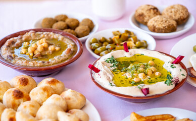 Arabic breakfast table full of tasty dishes