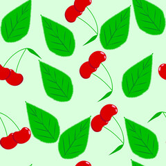 vector pattern with red cherries. flat image of cherry berries. ripe berries with green leaves