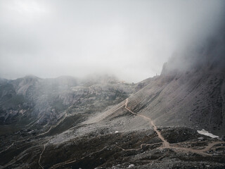 A lot of fog at the hiking trail to the Rifugio A. Locatelli (Dreizinnenhütte) in South Tyrol, italy