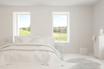 Modern bedroom in white color. Scandinavian interior design. 3D illustration