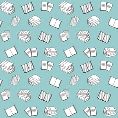 Books, textbook, notebook, schoolbook, diary on a turquoise background. Vector seamless pattern for library, bookstore, website wallpaper, printing on fabric and textile. School and education concept