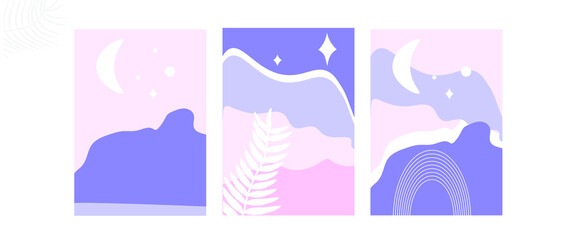 Abstract landscapes poster set. Minimalism modern mountains with night sky, moon, palm leaves, stars, arch. Bohemian. Purple, lilllac, pink and violet colors. Relax summer set